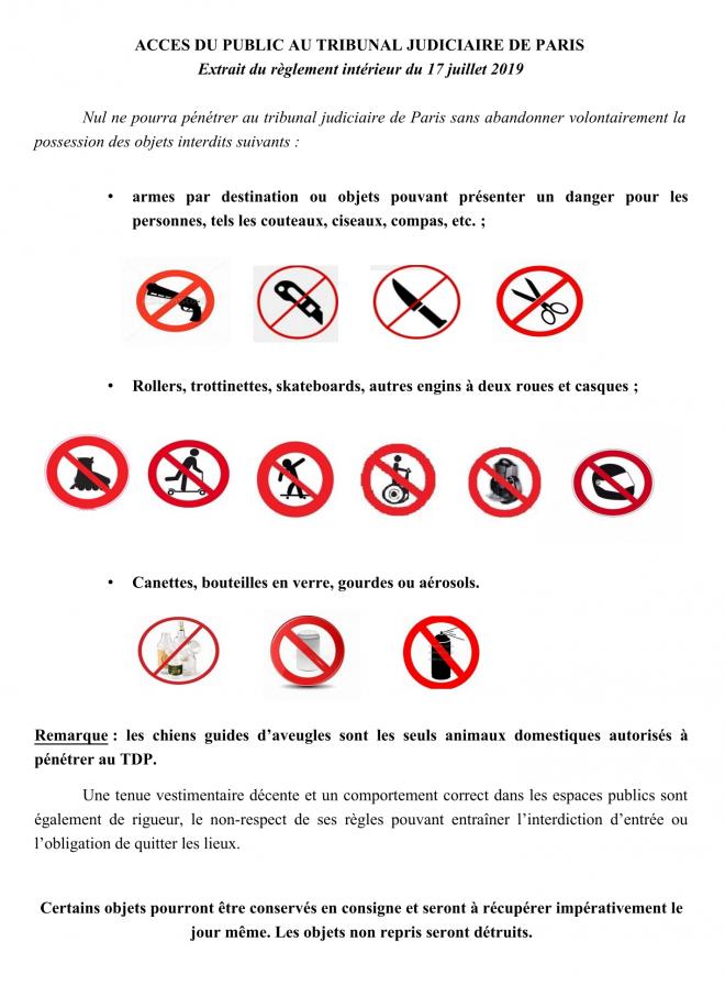 Règles d'accès au tribunal judiciaire de Paris et objets non autorisés